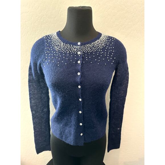 ANTHROPOLOGIE Jane Wheeler Navy Beaded Cardigan NWT Mohair Wool Blend Pearl | XS - Picture 2 of 10